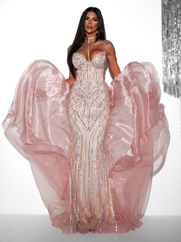 Béžovorůžové luxusní plesové šaty ROBES s kamínky Velikost: XL