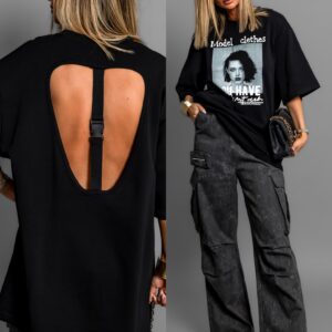 Černé oversize triko PERIKLIS s průstřihem na zádech Velikost: ONESIZE