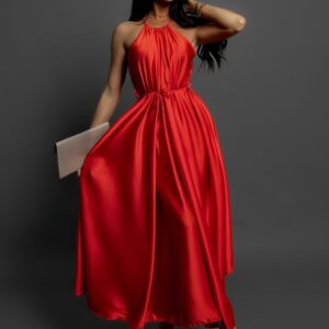 Červené dlouhé lesklé elegantní šaty MADES se zavazováním Velikost: ONESIZE