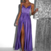 Fialové lesklé elegantní šaty YASMINE s rozparkem - Image 3
