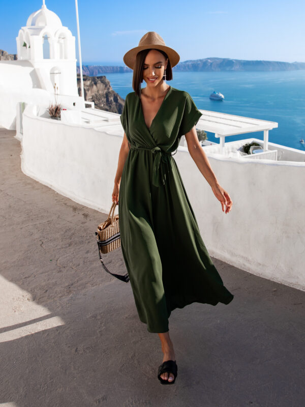 Khaki delší elegantní šaty FEYLING se zavazováním