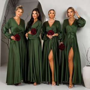 Khaki saténové šaty WOMAN pro družičky s dlouhým rukávem Velikost: ONESIZE