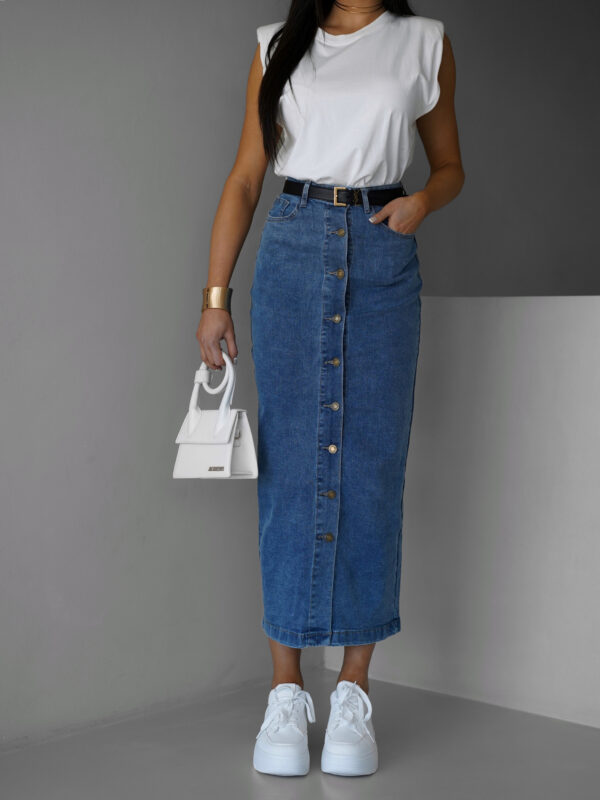 Modrá dlouhá džínová denim sukně AUGUSTYN s knoflíky Velikost: L