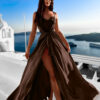 Tmavě hnědé lesklé elegantní šaty YASMINE s rozparkem Velikost: ONESIZE - Image 2