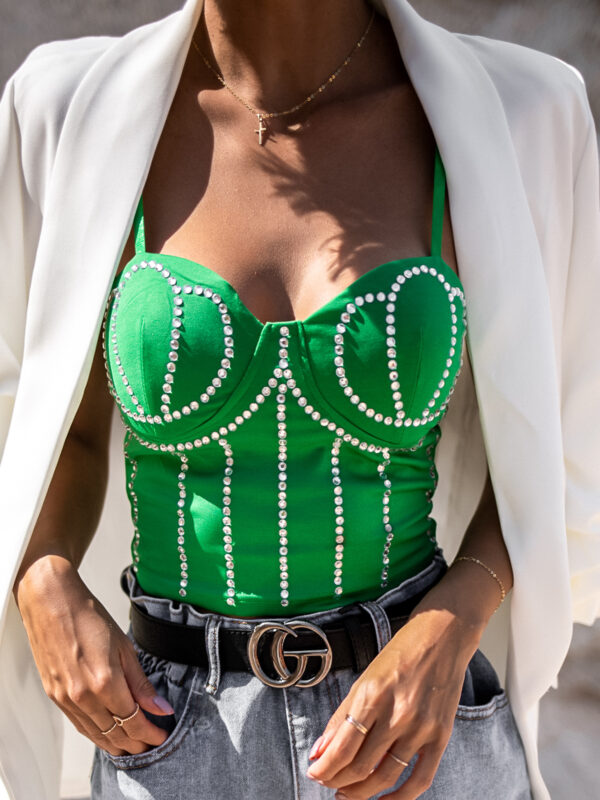 Zelený elegantní crop top MACK s kamínky Velikost: M/L