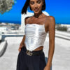 Bílý lesklý elegantní top LUXERO se stříbrnými ramínky Velikost: M/L - Image 3