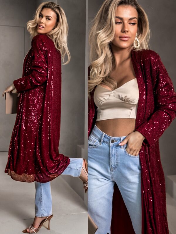 Bordó třpytivý cardigan YURIDIA s flitry Velikost: ONESIZE