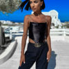 Černý lesklý elegantní top LUXERO se stříbrnými ramínky Velikost: M/L - Image 2