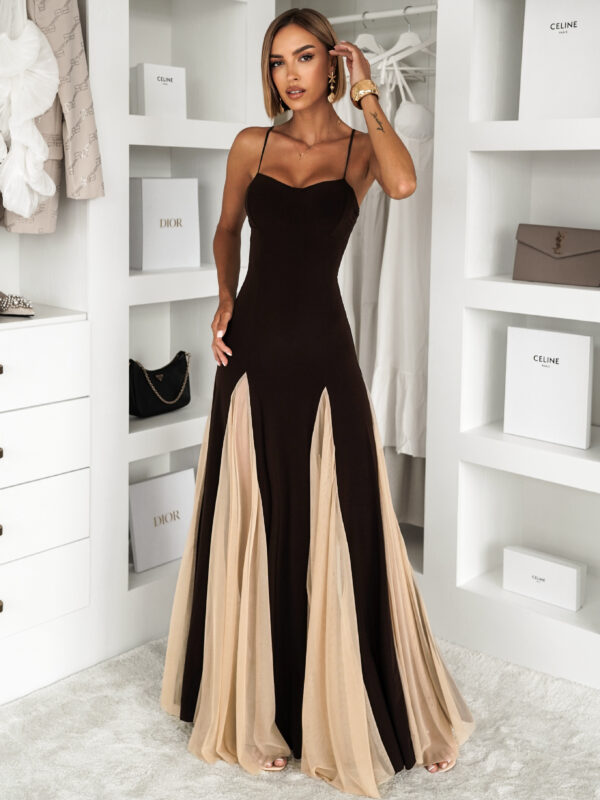Hnědé maxi dlouhé elegantní šaty DRELVIK Velikost: ONESIZE