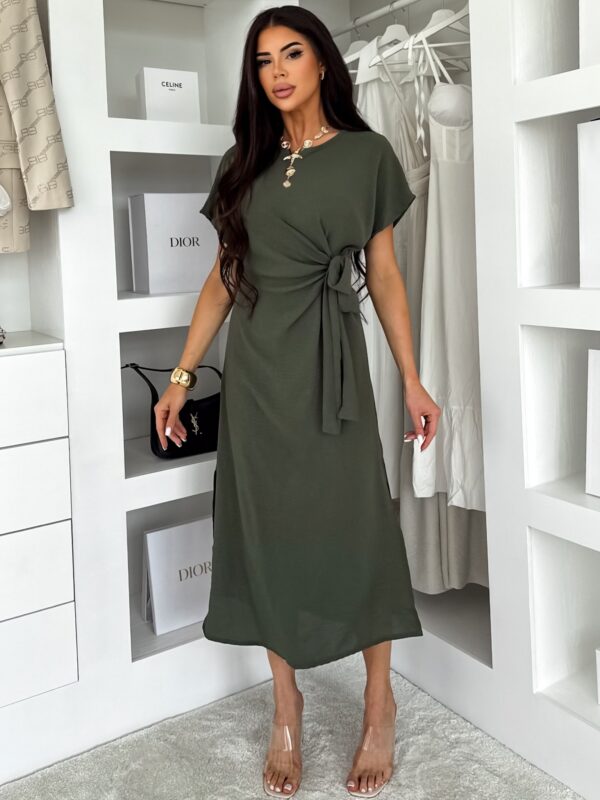 Khaki elegantní vypasované šaty NIRELA s vázáním Velikost: ONESIZE