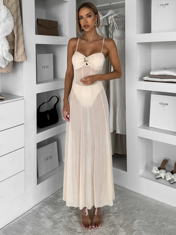 Béžové elegantní průhledné dlouhé šaty EMVARK Velikost: M/L