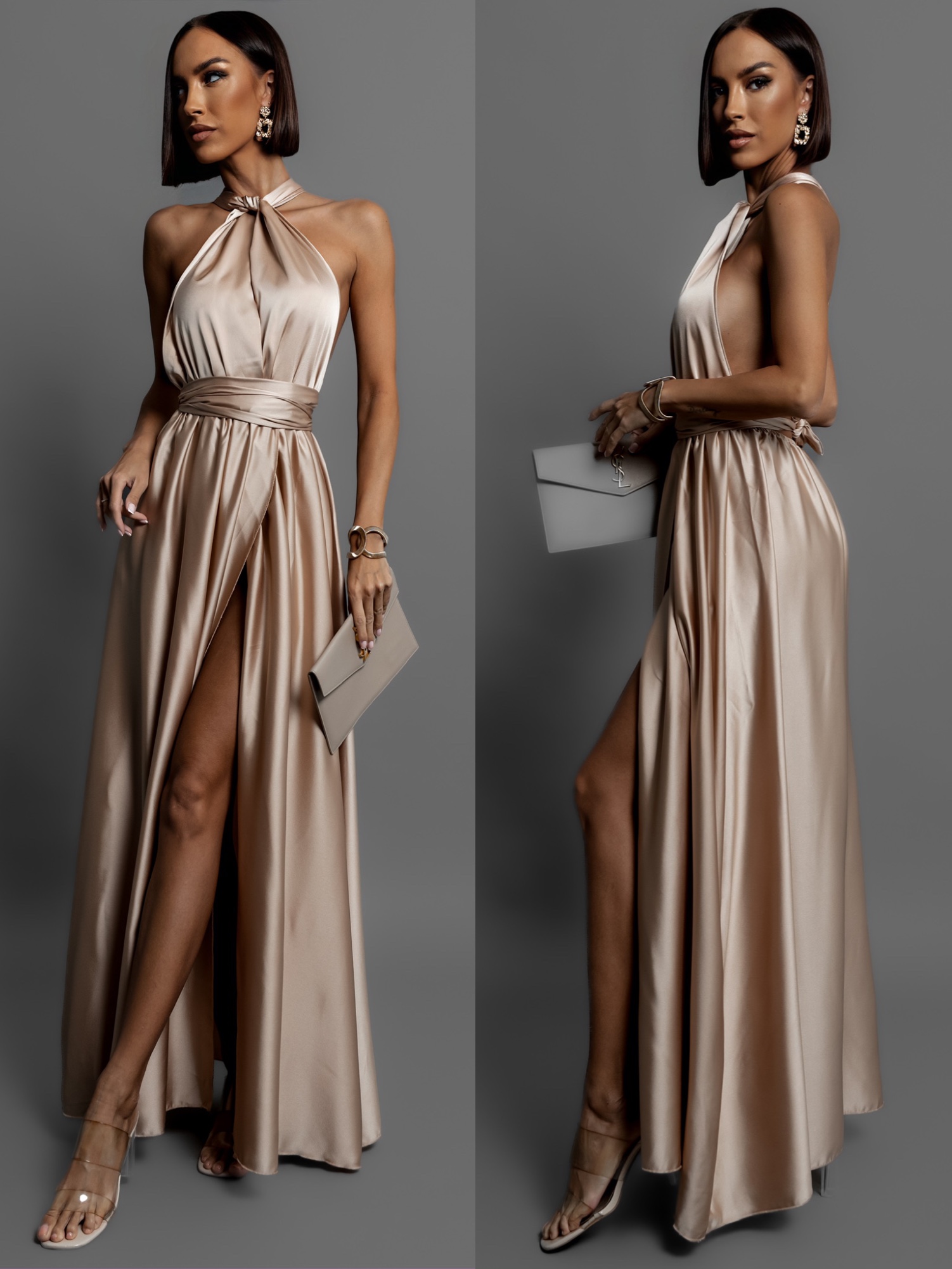 Béžové lesklé šaty VALERDI s variabilním vázáním a rozparkem Velikost: ONESIZE