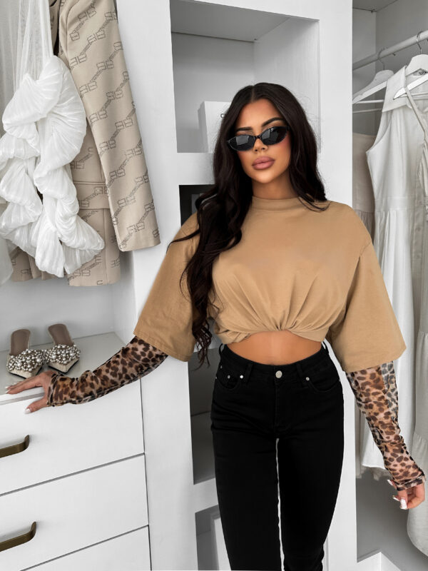Hnědé tričko VIREYALA s leopardími rukávy Velikost: ONESIZE