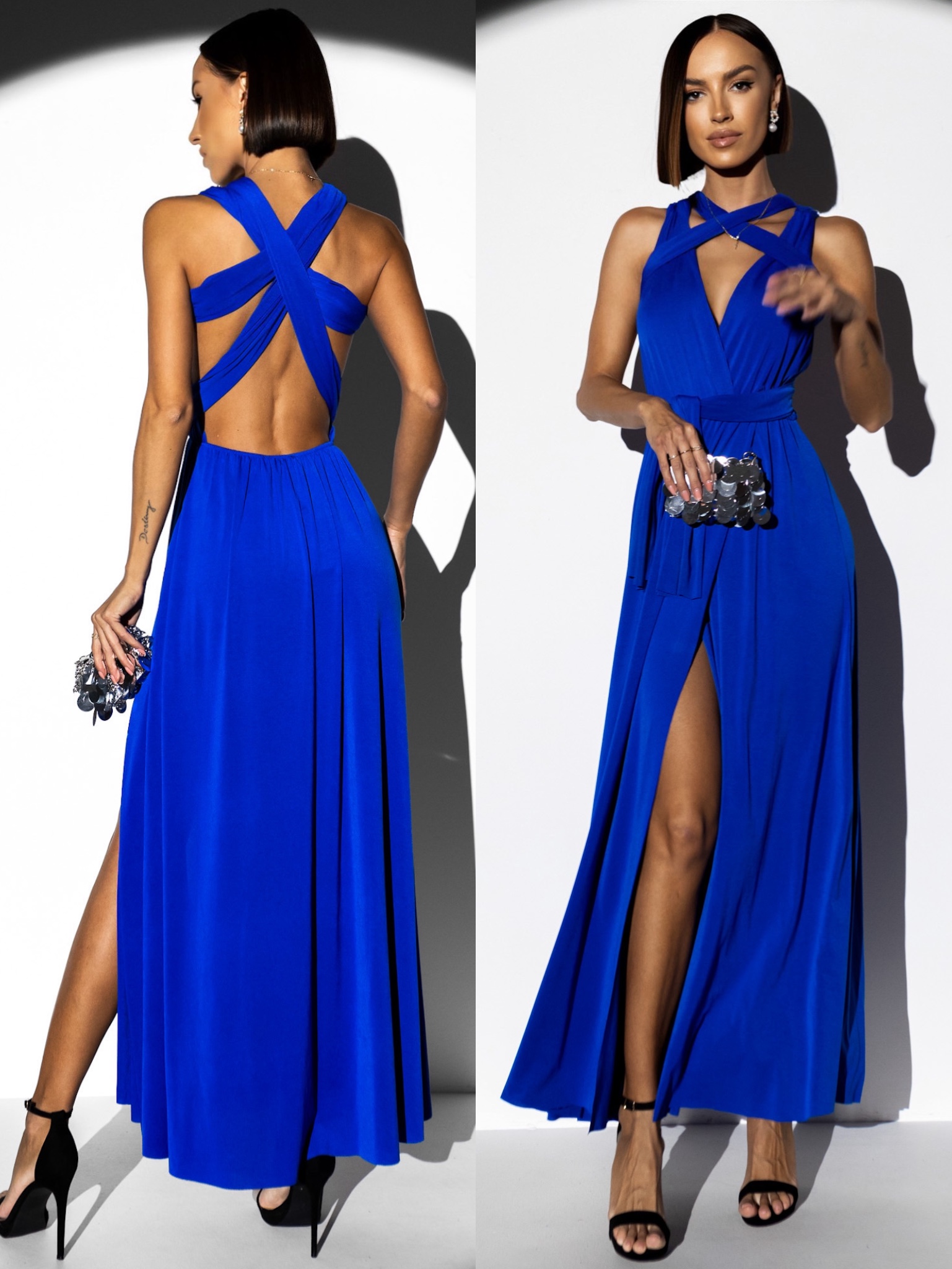 Královsky modré elegantní šaty KATIE s vázáním