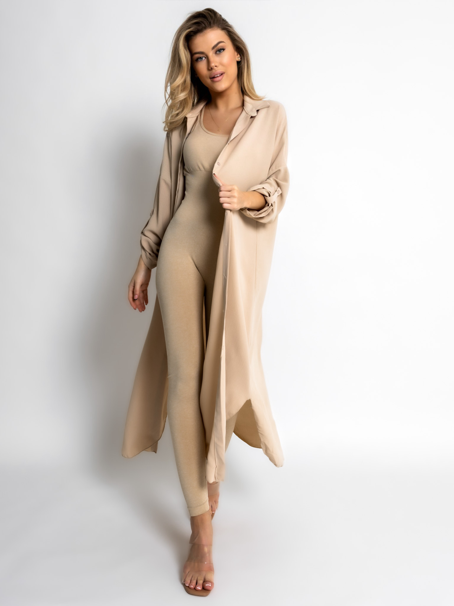 Béžové basic dlouhé košilové šaty košile NESSY Velikost: ONESIZE - Obrázek 2