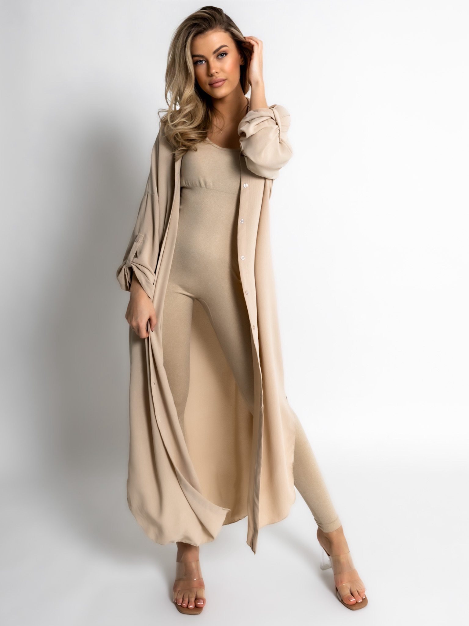 Béžové basic dlouhé košilové šaty košile NESSY Velikost: ONESIZE