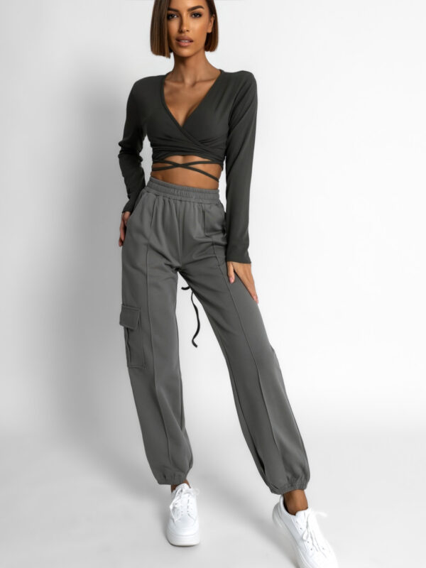 Khaki zavinovací top MIRDRE s dlouhým rukávem Velikost: ONESIZE