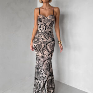 Béžové dlouhé společenské šaty AVENZIA na ramínka Velikost: M/L