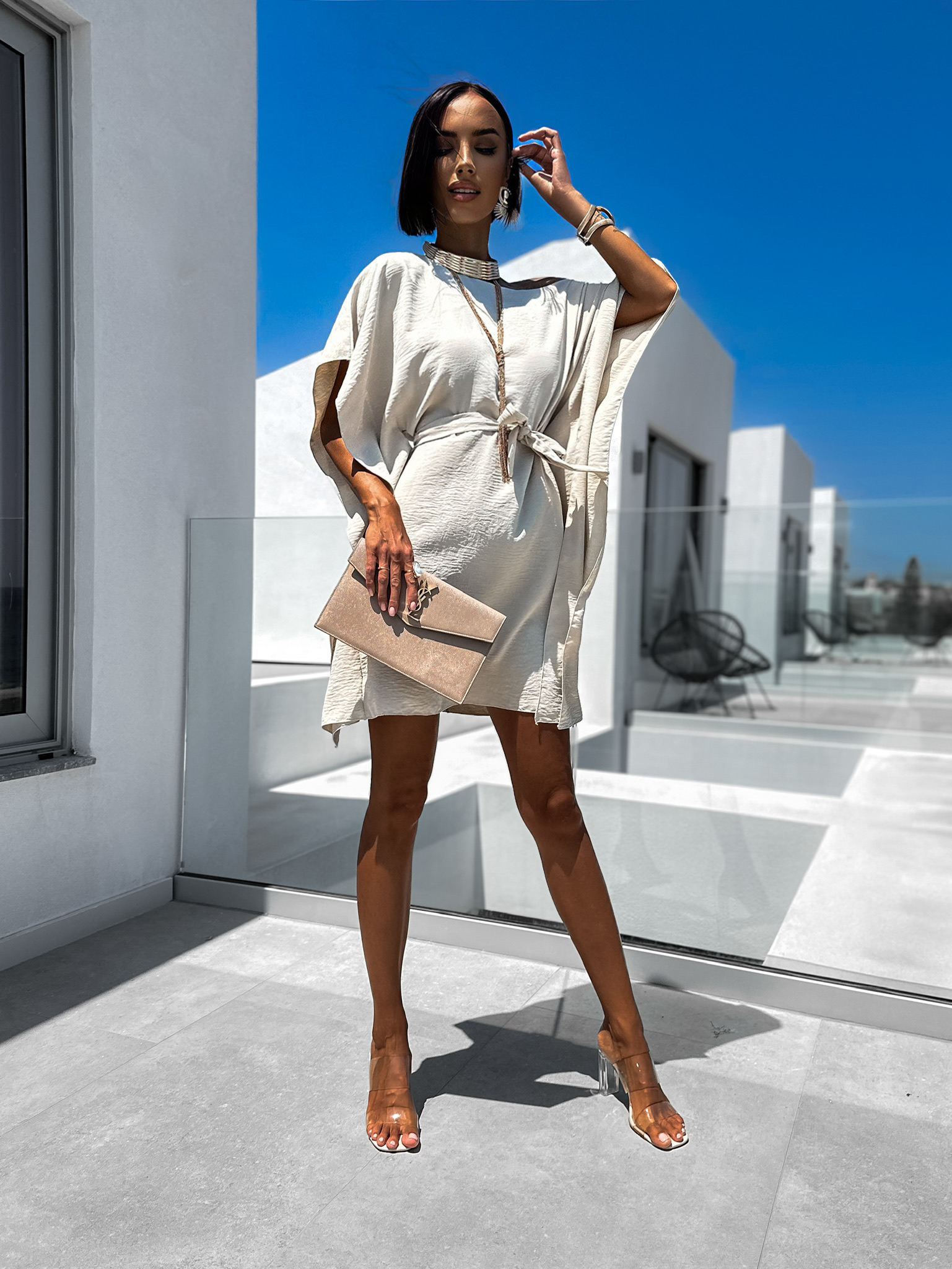 Béžové elegantní šaty MEERA na zavazování Velikost: ONESIZE - Obrázek 3