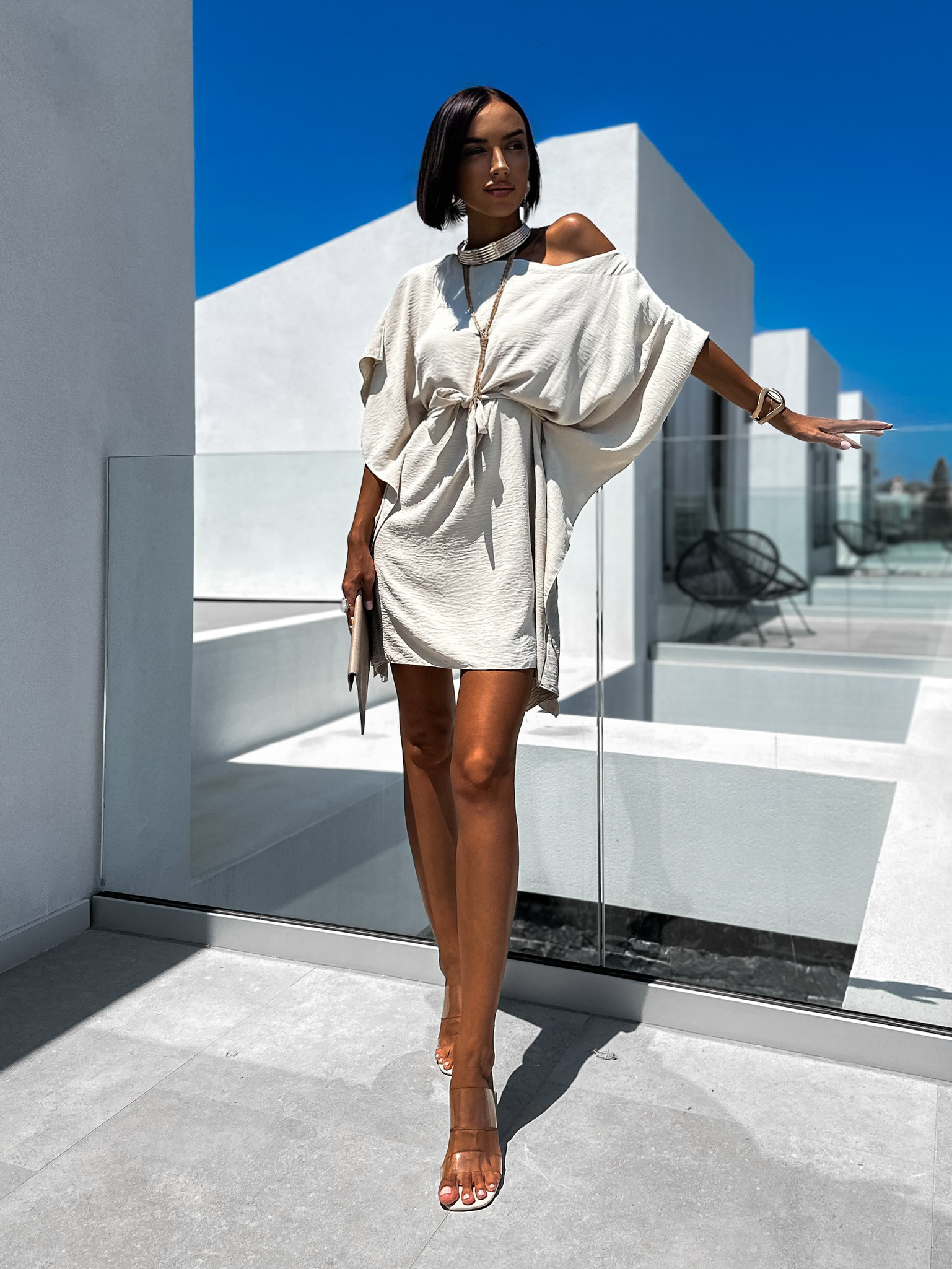 Béžové elegantní šaty MEERA na zavazování Velikost: ONESIZE