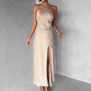 Béžové saténové společenské šaty ELIRON s rozparkem Velikost: ONESIZE