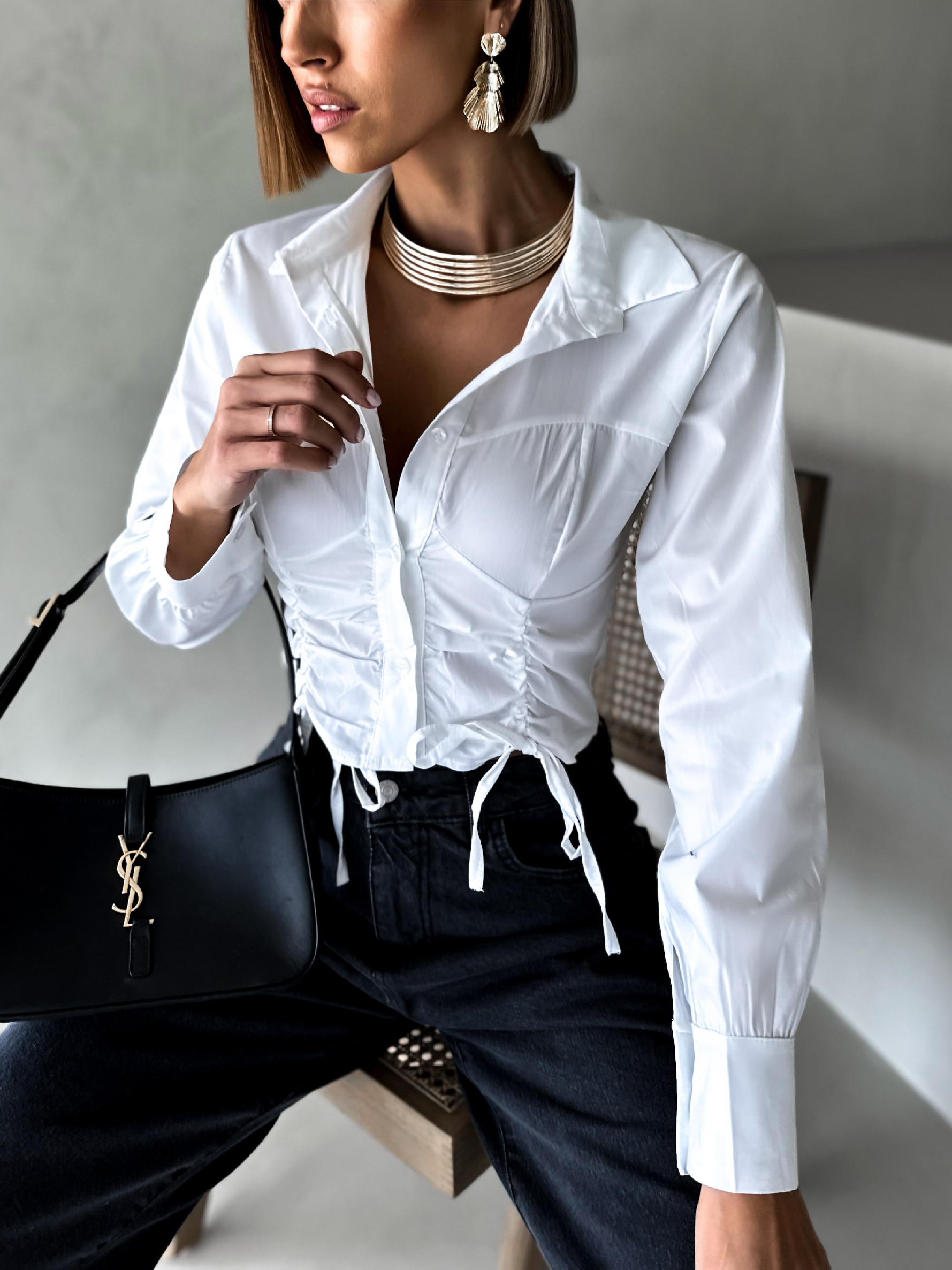 Bílá crop košile OLEOD se stahováním Velikost: ONESIZE