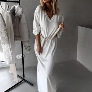 Bílé dlouhé oversize šaty HATHOR s dlouhým rukávem Velikost: M/L