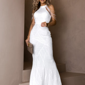 Bílé společenské třpytivé dlouhé šaty KAVYLET Velikost: S