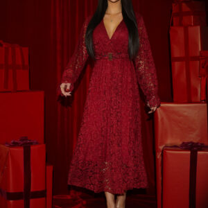 Bordó krajkové společenské midi šaty LIRONDE Velikost: ONESIZE