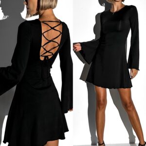 Černé áčkové šaty AGNETA s dlouhým rukávem Velikost: S/M