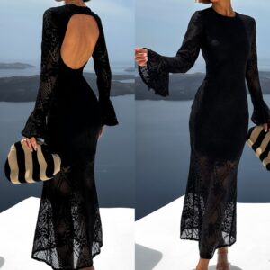 Černé dlouhé průhledné krajkované šaty JUNIOR Velikost: M/L