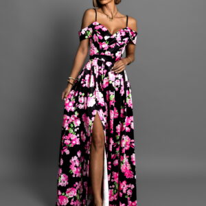 Černé dlouhé saténové květinové šaty MAXWELL Velikost: ONESIZE