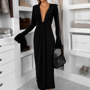 Černé dlouhé šaty OSTIVEN s hlubovým výstřihem Velikost: ONESIZE