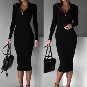 Černé dlouhé žerzejové šaty AILEL se zipem Velikost: S/M