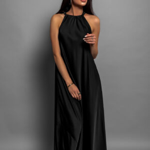 Černé elegantní lesklé šaty CORALLINE s vázáním kolem krku