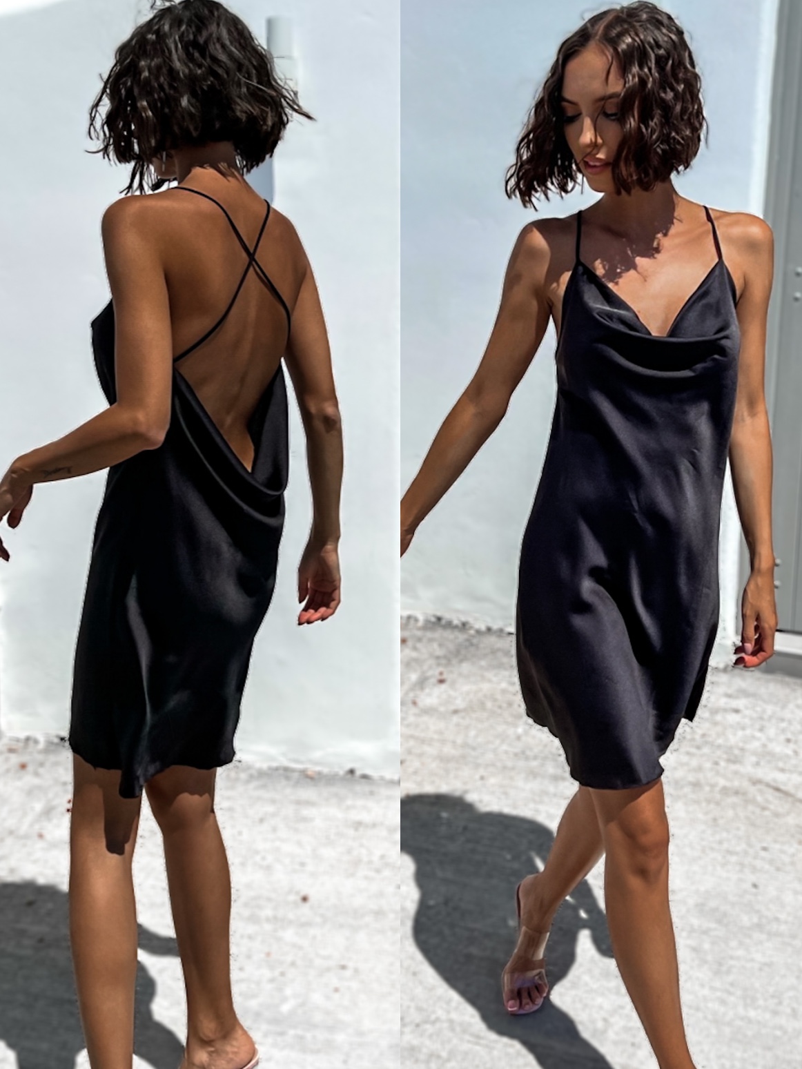 Černé lesklé šaty IZZY s tenkými ramínky