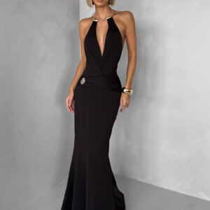 Černé společenské dlouhé šaty ARKENY s ozdobou Velikost: M/L