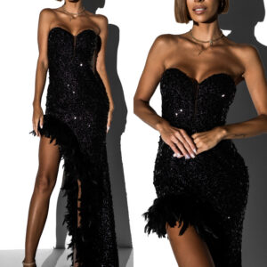 Černé večerní šaty MITSUKI s flitry a peřím Velikost: L