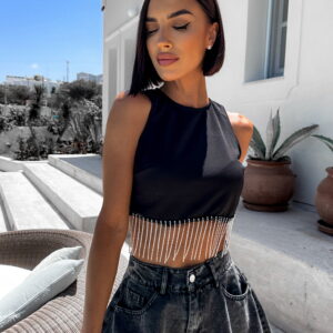 Černý crop top HYDRAY s třpytivými třásněmi Velikost: ONESIZE