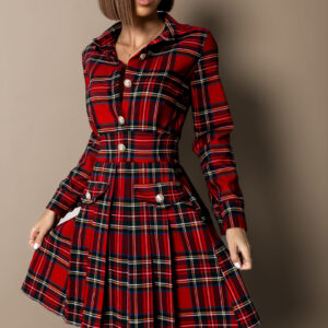 Červené kárované šaty OINEUS s knoflíky Velikost: M