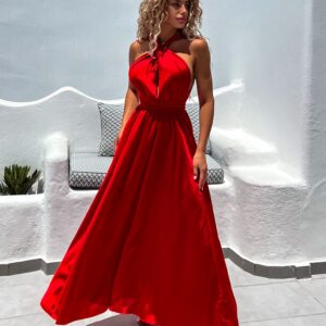 Červené lesklé šaty VALERDI s variabilním vázáním a rozparkem