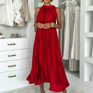 Červené saténové dlouhé plisované šaty EKULY Velikost: ONESIZE