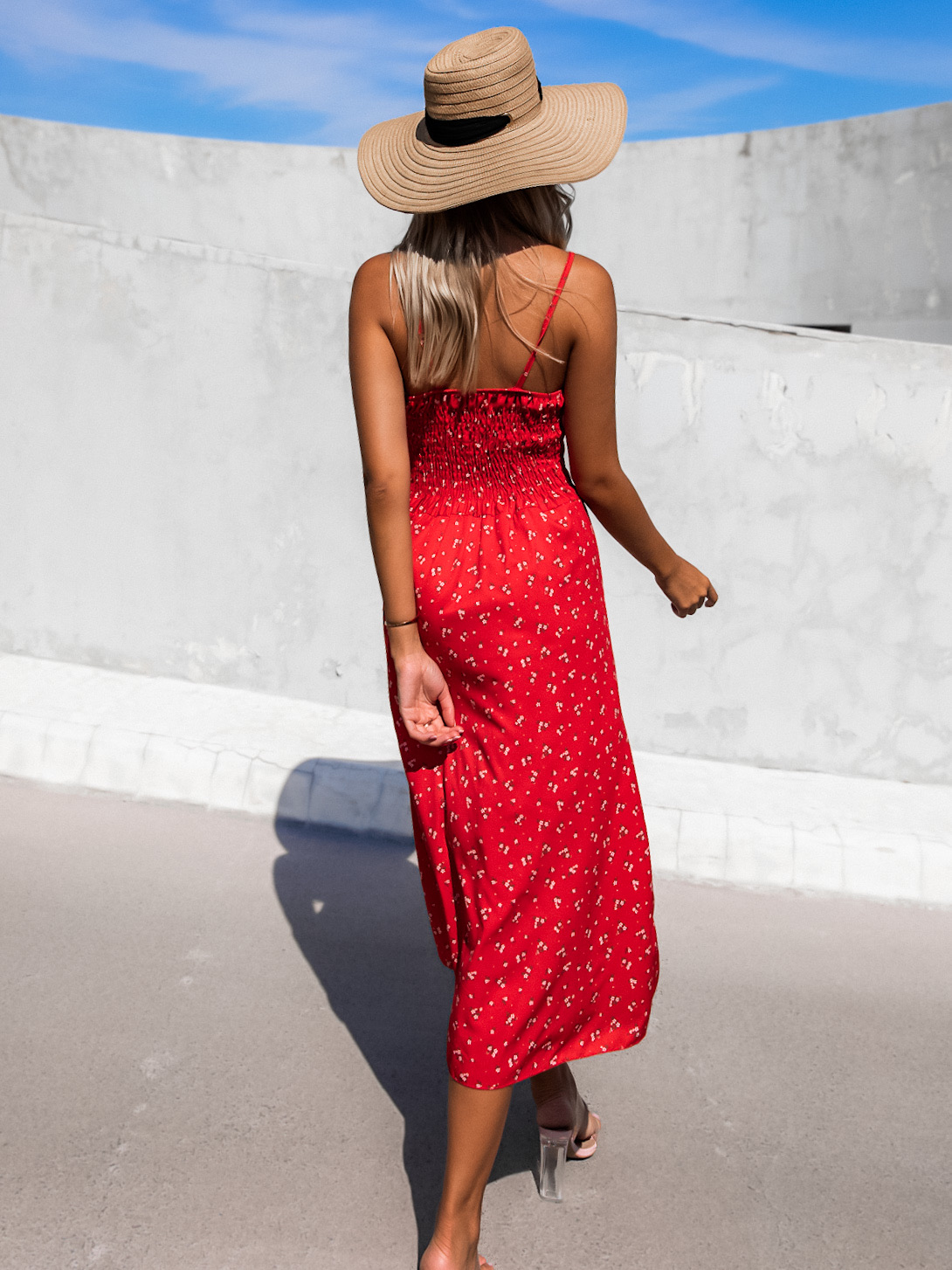 Červené vzorované šaty FALISEN s rozparkem - Obrázek 2