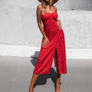 Červené vzorované šaty FALISEN s rozparkem