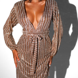 Hnědé krátké flitrované šaty LEVELY s výstřihem Velikost: ONESIZE