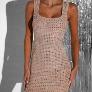 Hnědé krátké koktejlové šaty SOBER s kamínky Velikost: L