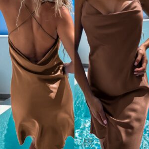 Hnědé lesklé šaty IZZY s tenkými ramínky