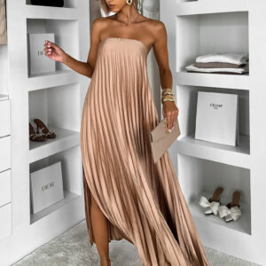 Hnědé plisované dlouhé šaty AMAONA Velikost: ONESIZE