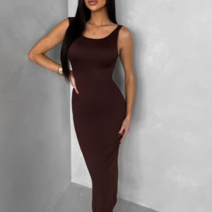 Hnědé přiléhavé midi šaty TREVY s odhalenými zády Velikost: ONESIZE