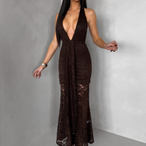 Hnědé společenské dlouhé krajkové vázací šaty ZERULON Velikost: ONESIZE